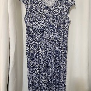 Lands' End Navy & White Paisley V-Neck Dress
